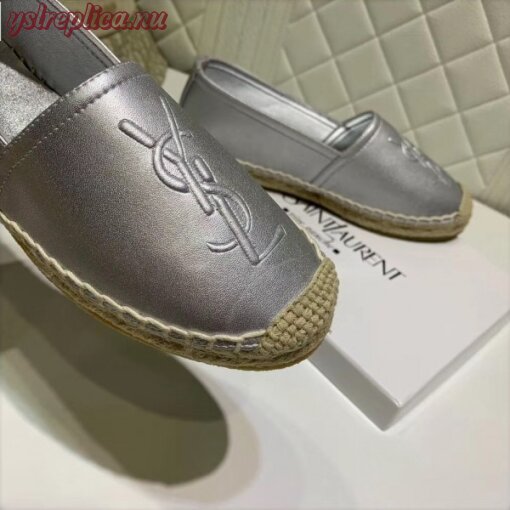 Replica YSL Fake Saint Laurent Monogram Espadrilles In Silver Metallic Lambskin 3