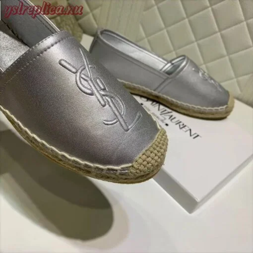 Replica YSL Fake Saint Laurent Monogram Espadrilles In Silver Metallic Lambskin 3