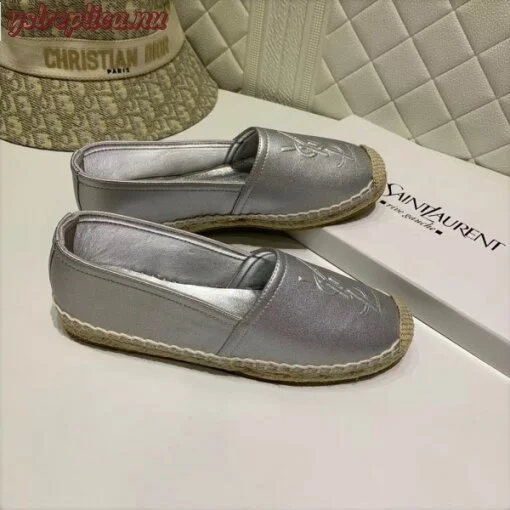Replica YSL Fake Saint Laurent Monogram Espadrilles In Silver Metallic Lambskin 5