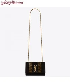 Replica YSL Fake Saint Laurent Kate Small Bag In Black Suede With Star Studs