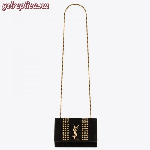 Replica YSL Fake Saint Laurent Kate Small Bag In Black Suede With Star Studs