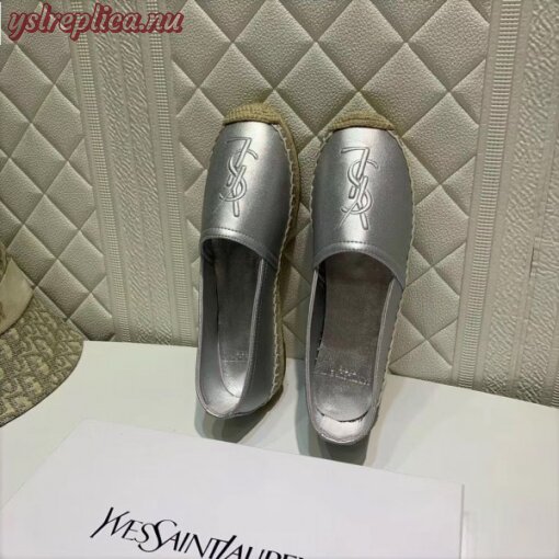 Replica YSL Fake Saint Laurent Monogram Espadrilles In Silver Metallic Lambskin 6