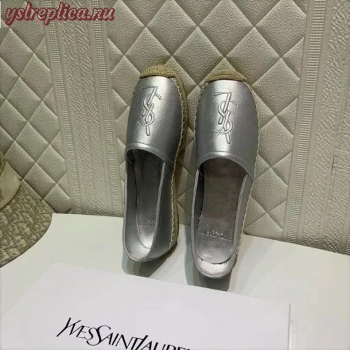 Replica YSL Fake Saint Laurent Monogram Espadrilles In Silver Metallic Lambskin 6