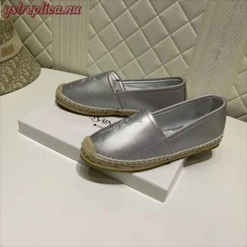 Replica YSL Fake Saint Laurent Monogram Espadrilles In Silver Metallic Lambskin 8