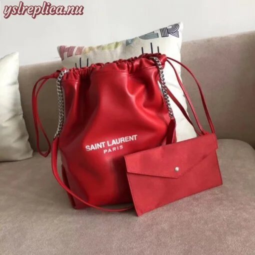 Replica YSL Fake Saint Laurent Red Teddy Drawstring Bag 2