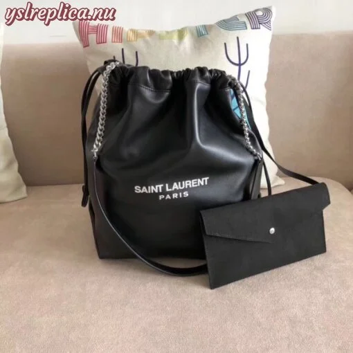 Replica YSL Fake Saint Laurent Black Teddy Drawstring Bag 2