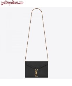 Replica YSL Fake Saint Laurent WOC Cassandra Chain Wallet In Black Leather