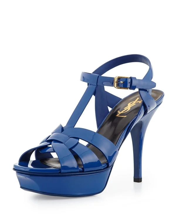 Replica YSL Fake Saint Laurent Tribute Sandals In Blue Patent Leather 4