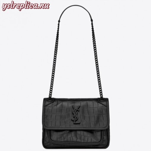 Replica YSL Fake Saint Laurent Niki Baby Bag In Black Crocodile Embossed Leather