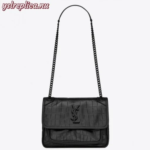 Replica YSL Fake Saint Laurent Niki Baby Bag In Black Crocodile Embossed Leather