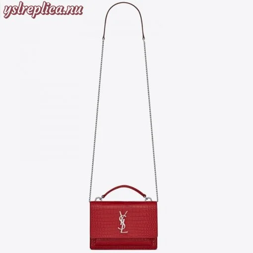 Replica YSL Fake Saint Laurent WOC Sunset Chain Wallet In Red Croc-Embossed Leather