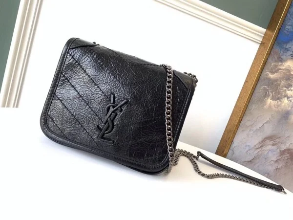 Replica YSL Fake Saint Laurent WOC Niki Chain Wallet In Black Crinkled Leather 7