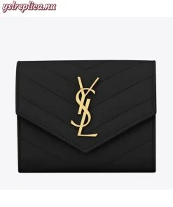 Replica YSL Fake Saint Laurent Compact Tri Fold Wallet In Black Leather