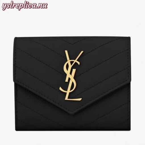 Replica YSL Fake Saint Laurent Compact Tri Fold Wallet In Black Leather