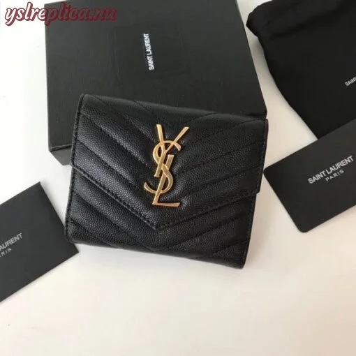 Replica YSL Fake Saint Laurent Compact Tri Fold Wallet In Black Leather 2