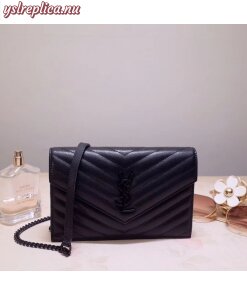 Replica YSL Fake Saint Laurent WOC Envelope Chain Wallet All Black 2