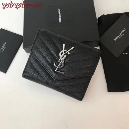 Replica YSL Fake Saint Laurent Compact Tri Fold Wallet In Noir Leather 2