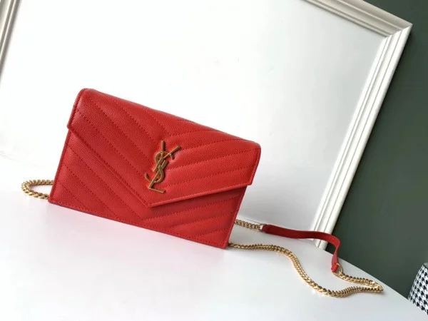 Replica YSL Fake Saint Laurent WOC Envelope Chain Wallet In Red Leather 2