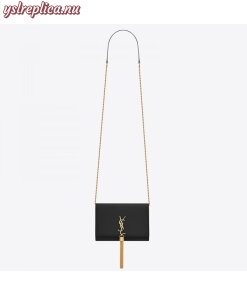 Replica YSL Fake Saint Laurent WOC Kate Tassel Chain Wallet In Black Calfskin