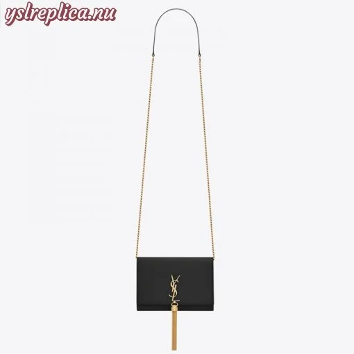 Replica YSL Fake Saint Laurent WOC Kate Tassel Chain Wallet In Black Calfskin