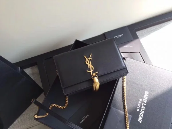 Replica YSL Fake Saint Laurent WOC Kate Tassel Chain Wallet In Black Calfskin 2