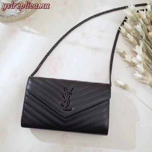 Replica YSL Fake Saint Laurent WOC Monogram Chain Wallet All Black 2