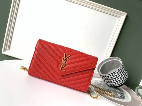 Replica YSL Fake Saint Laurent WOC Monogram Chain Wallet In Red Leather 2