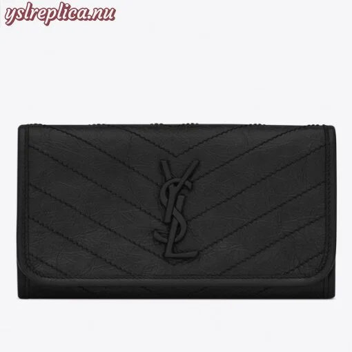 Replica YSL Fake Saint Laurent Niki Large Wallet In Black Crinkled Vintage Leather
