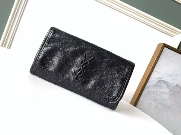 Replica YSL Fake Saint Laurent Niki Large Wallet In Black Crinkled Vintage Leather 2