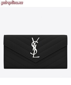 Replica YSL Fake Saint Laurent Large Monogram Flap Wallet In Noir Grained Leather