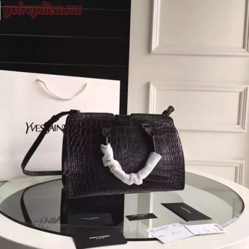 Replica YSL Fake Saint Laurent All Black Small Cabas YSL Crocodile Embossed Bag 3