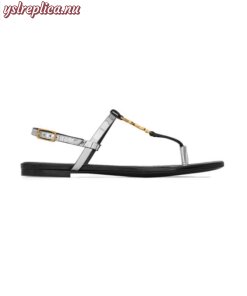 Replica YSL Saint Laurent Cassandra Flat Sandals In Reflective Leather With Gold-tone Monogram