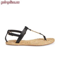 Replica YSL Saint Laurent Cassandra Strappy Leather Raffia T-Strap Sandals