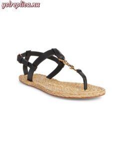 Replica YSL Saint Laurent Cassandra Strappy Leather Raffia T-Strap Sandals 2