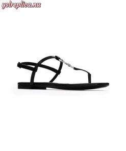 Replica YSL Saint Laurent Cassandra Flat Sandals In Patent Leather With Rhinestone Monogram 2