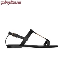 Replica YSL Saint Laurent Cassandra Flat Sandals In Smooth Leather With Gold-tone Monogram