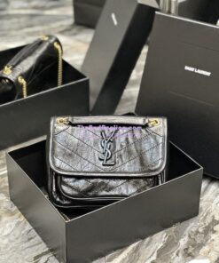 Replica YSL Saint Laurent Niki Baby In Crinkled Vintage Leather 533037 Black Gold Hardware