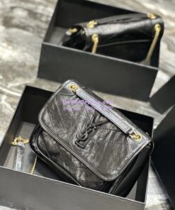 Replica YSL Saint Laurent Niki Baby In Crinkled Vintage Leather 533037 Black Gold Hardware 2