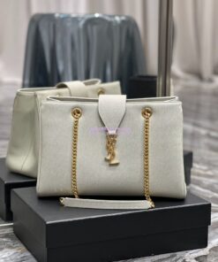 Replica YSL Saint Laurent Cassandre Shopper Bag in Grained Calfskin 668900 White