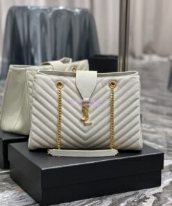 Replica YSL Saint Laurent Classic Chevron Quilted Monogram Shopping Bag in Grained Calfskin 668900 White