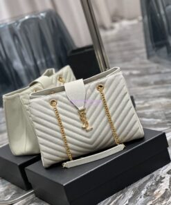 Replica YSL Saint Laurent Classic Chevron Quilted Monogram Shopping Bag in Grained Calfskin 668900 White 2