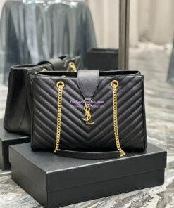 Replica YSL Saint Laurent Classic Chevron Quilted Monogram Shopping Bag in Grained Calfskin 668900 Black