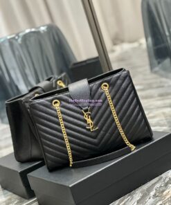 Replica YSL Saint Laurent Classic Chevron Quilted Monogram Shopping Bag in Grained Calfskin 668900 Black 2