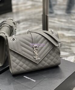 Replica YSL Saint Laurent Medium Envelope Bag In Mix Matelassé Grain De Poudre Embossed Leather 487206 Grey in Silver Hardware 2