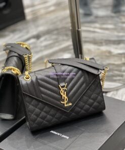 Replica YSL Saint Laurent Medium Envelope Bag In Mix Matelassé Grain De Poudre Embossed Leather 487206 Black in Gold Hardware 2