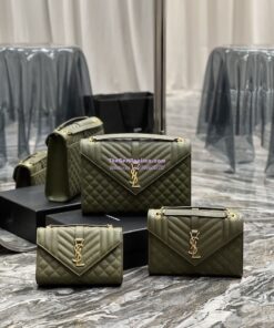 Replica YSL Saint Laurent Envelope Large Bag In Mix Matelasse Grain De Poudre Embossed Leather 487198 Olive Green with Gold Hardware