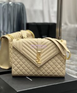 Replica YSL Saint Laurent Envelope Large Bag In Mix Matelasse Grain De Poudre Embossed Leather 487198 Beige with Gold Hardware 2