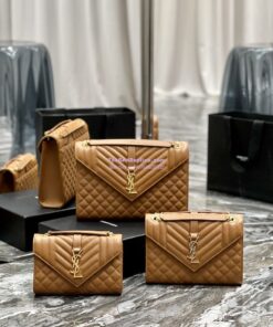 Replica YSL Saint Laurent Envelope Large Bag In Mix Matelasse Grain De Poudre Embossed Leather 487198 Caramel with Gold Hardware