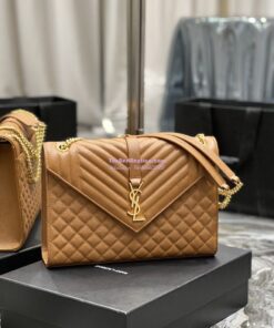 Replica YSL Saint Laurent Envelope Large Bag In Mix Matelasse Grain De Poudre Embossed Leather 487198 Caramel with Gold Hardware 2