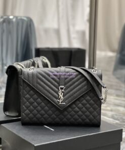 Replica YSL Saint Laurent Envelope Large Bag In Mix Matelasse Grain De Poudre Embossed Leather 487198 Black with Silver Hardware 2